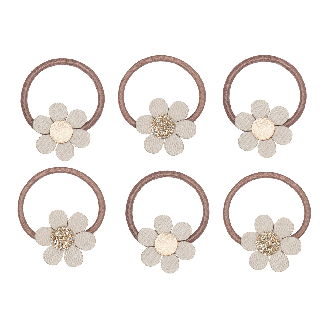 Six mini daisy ponies, featuring metallic gold and glitter centres, in a neutral colour palette 