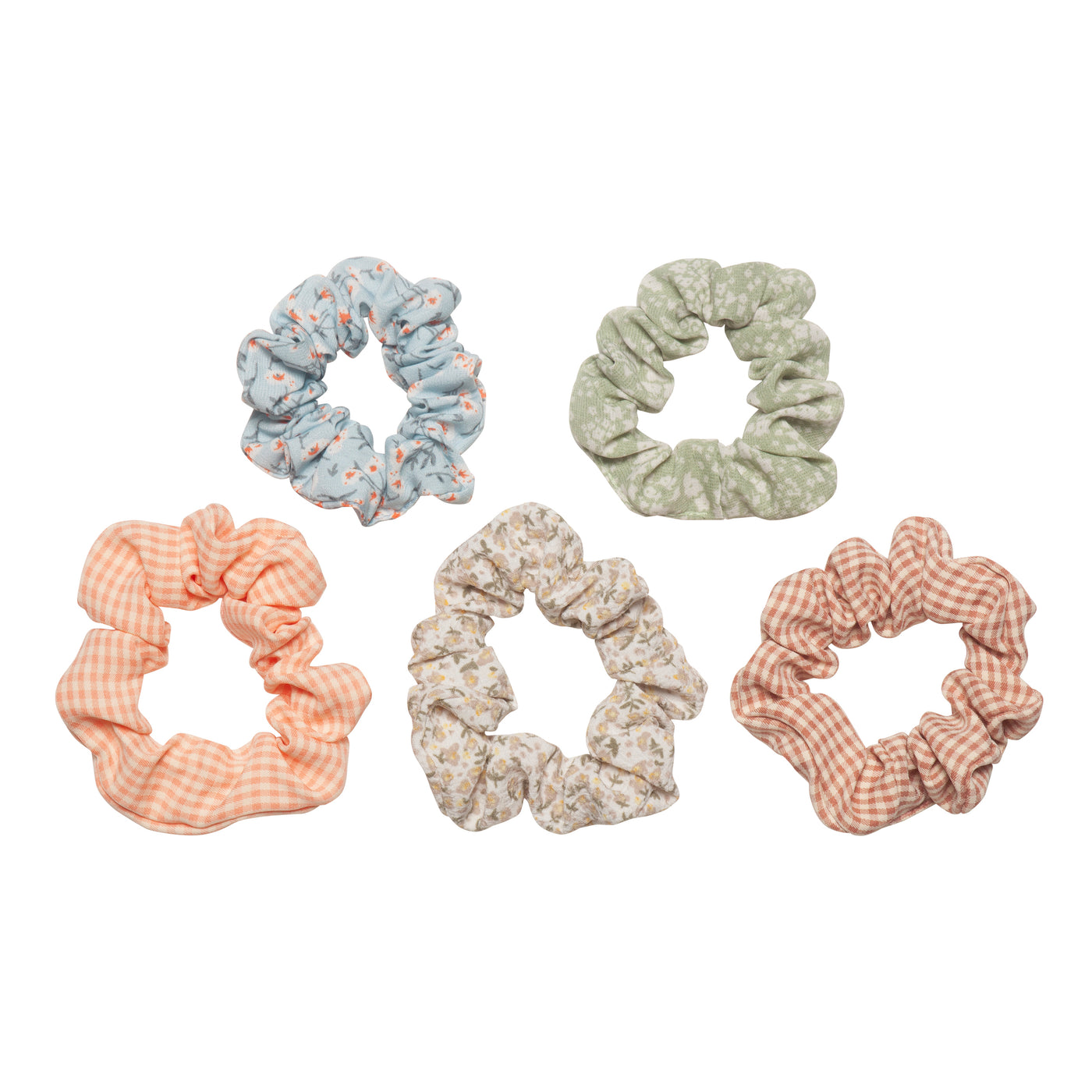 Set of five soft fabric scrunchies, in a pretty combination of floral and gingham prints