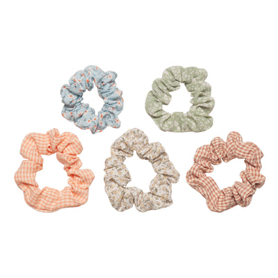 Set of five soft fabric scrunchies, in a pretty combination of floral and gingham prints