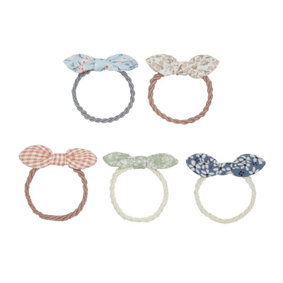 Set of five bow ponies, in a combination of pretty floral and gingham fabrics, featuring pretty braided elastics