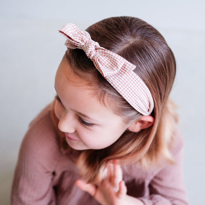 Soft pink / brown gingham bow Alice band