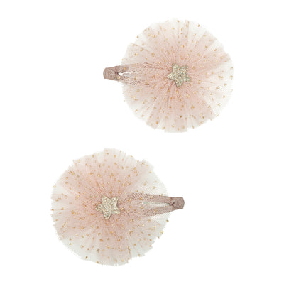 Two pretty glitter tulle hair clips wrapped in grosgrain ribbon, with small gold stars the the centre