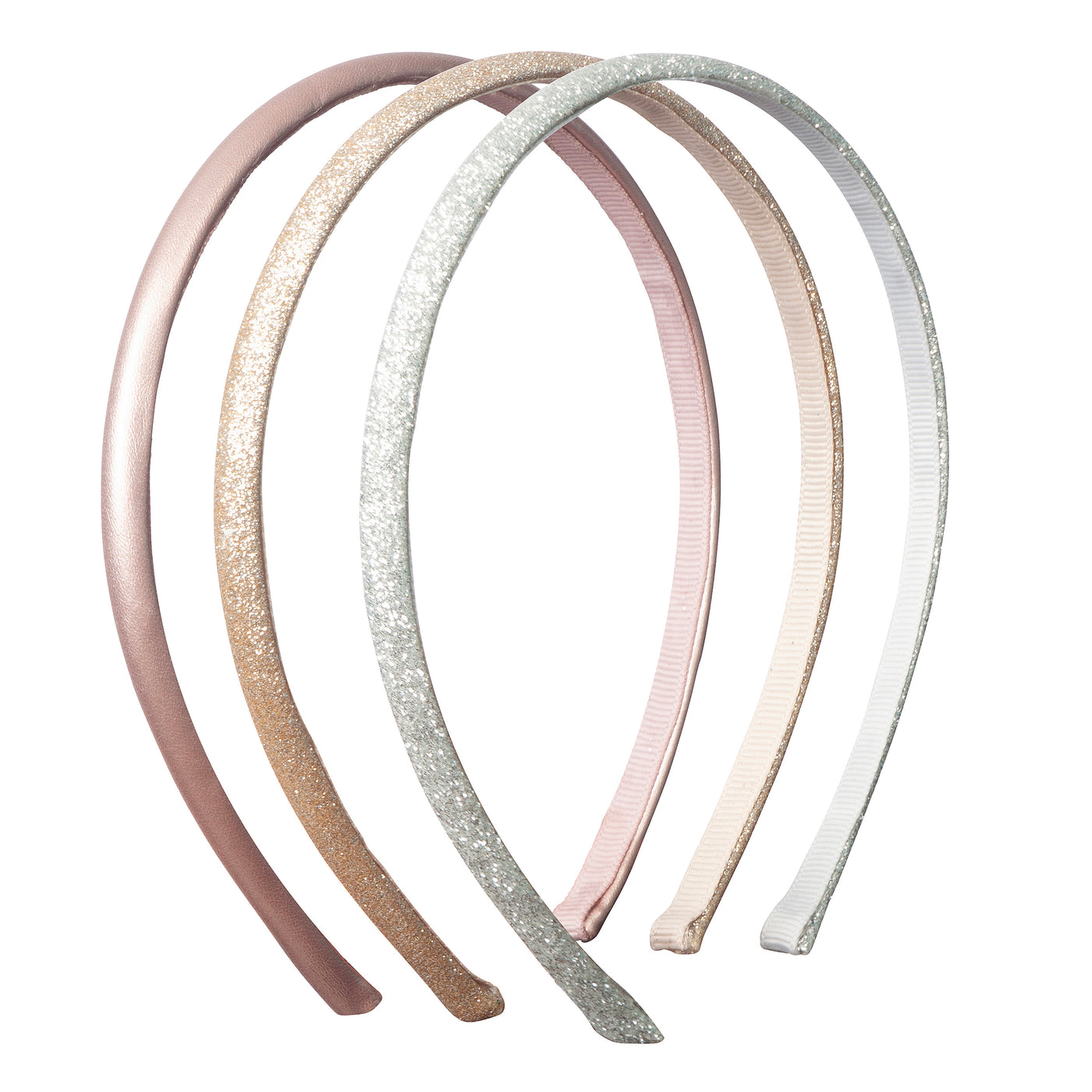 3 pack of alice bands in pearlescent pink, silver and gold glitters