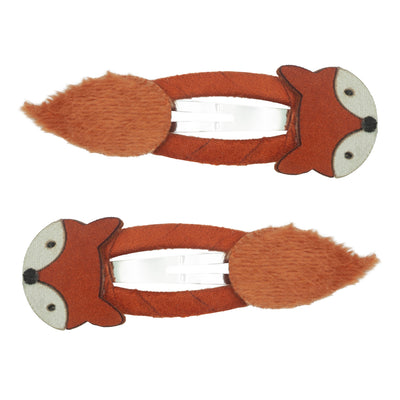 Fun, fox hair clips in a pack of two featuring little foxy faces and a fluffy tails!