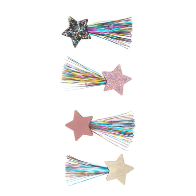 Sparkly, multicoloured star mini clips with tinsel trails