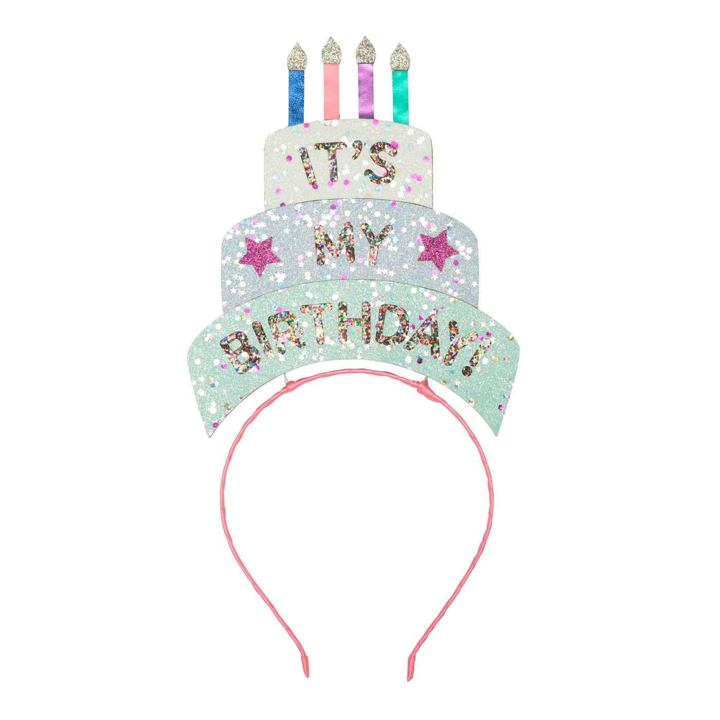 Super sparkly and colourful three tier birthday cake headdress with 'it's my birthday' wording in glitter