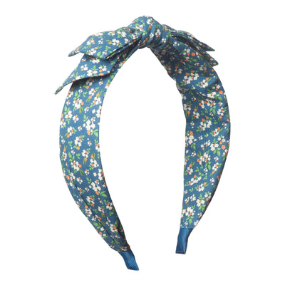 Teal floral fabric bow alice band with ribbon wrapped ends