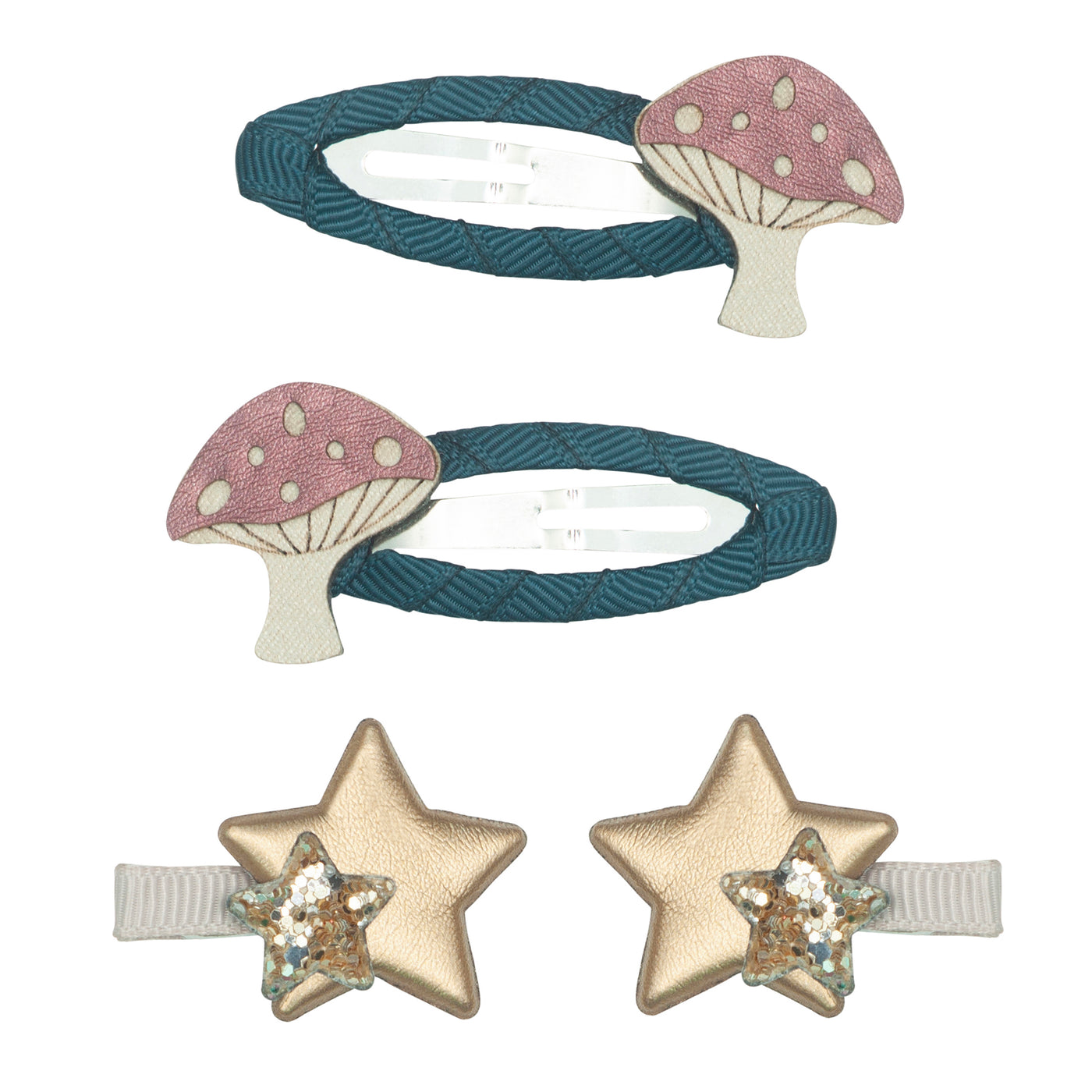 4 pack of clips featuring two sweet fabric toadstools and two golden glitter layered stars