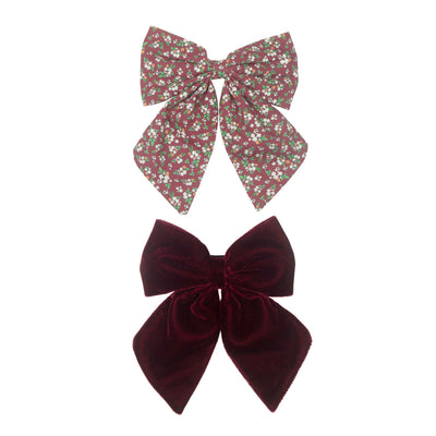 Two pack of beautiful oversize bow clips in a warm burgundy colour pallette