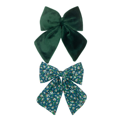 Two pack of beautifully oversized bow clips in rich teal velvet and floral ditsy print fabrics