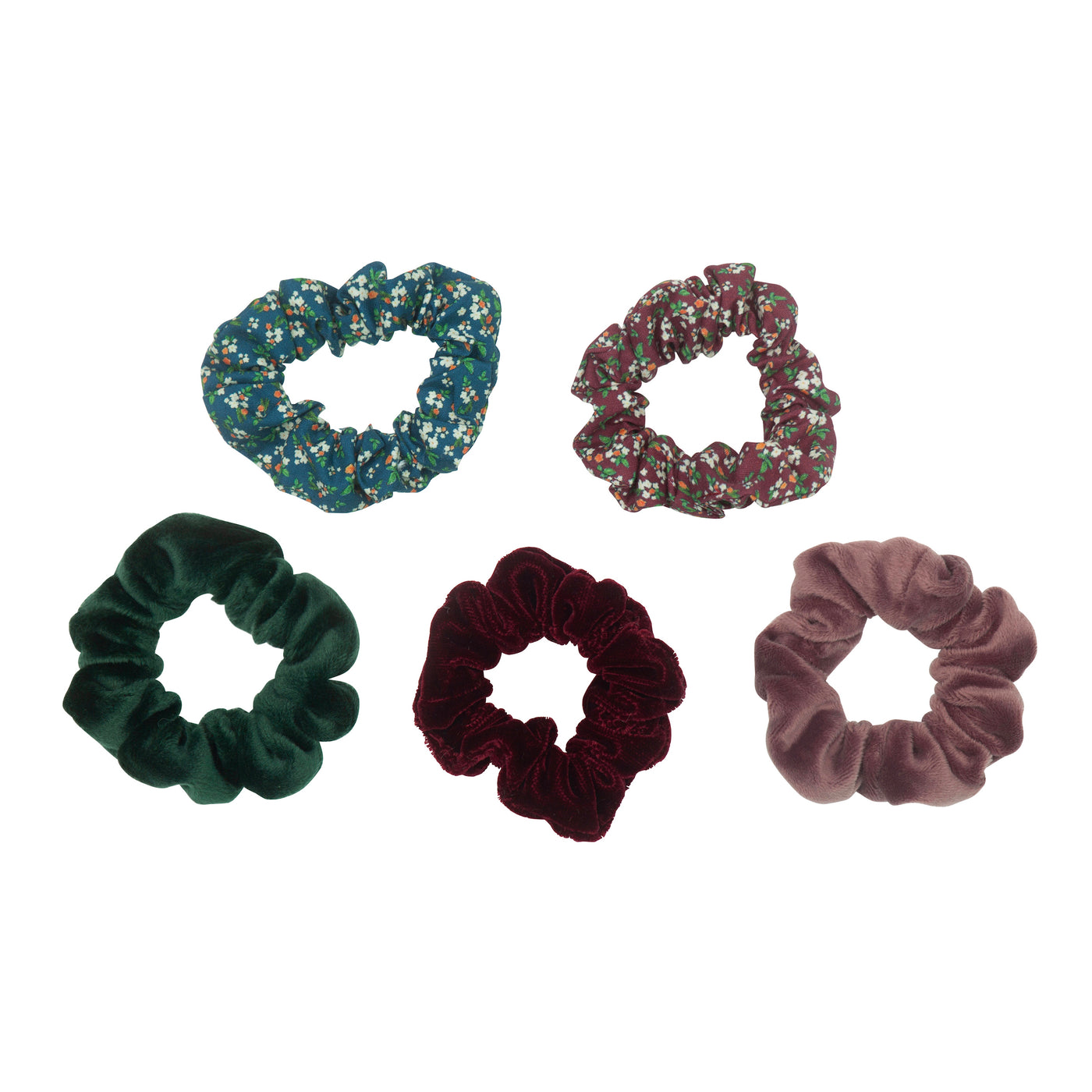 Five pack of super soft scrunchies in velvet and floral print fabrics in rich autumnal colours