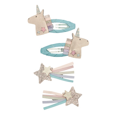 Sparkly unicorn hair clips with shooting stars and rainbow manes