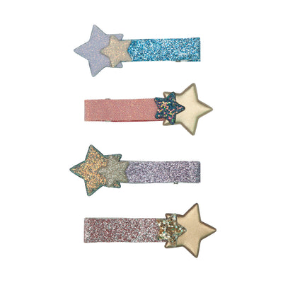 Glitter fabric covered sparkly star salon clips in pretty pinks, purples, blues and gold