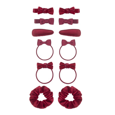 Burgundy school hair ponies and clips pack including velvet scrunchies and bows