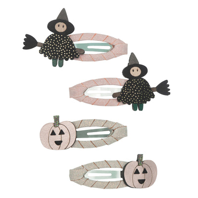 Ribbon wrapped hair clips for Halloween featuring little witches and pumpkins