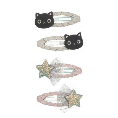 Black cat hair clips with two glitter star clips, perfect for halloween!