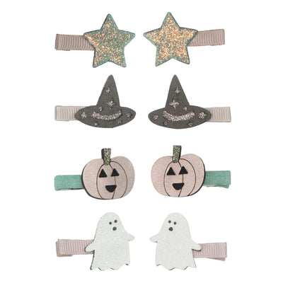 Mini hair clips featuring ghosts, pumpkins, stars and witches hats, perfect for Halloween parties!