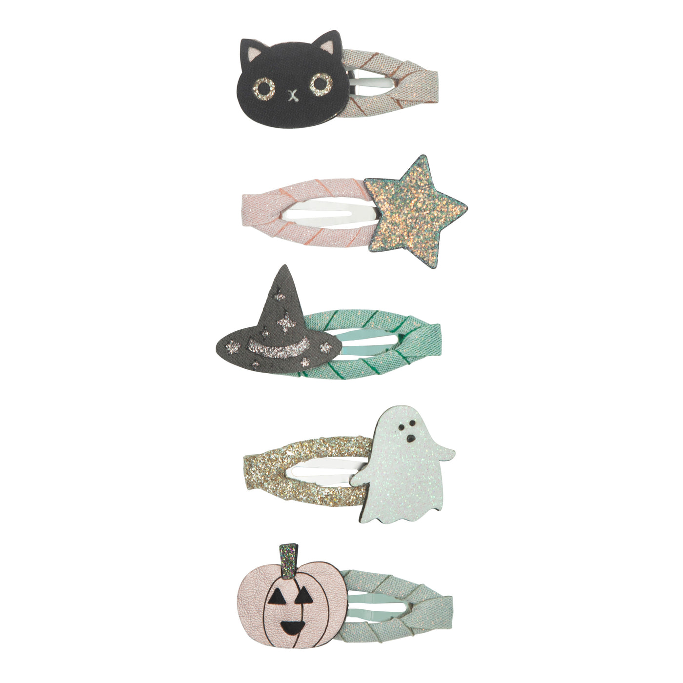 Mini clic clac clips featuring balck cats, stars, witches hats, glittery ghosts and metallic pumpkins