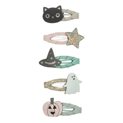 Mini clic clac clips featuring balck cats, stars, witches hats, glittery ghosts and metallic pumpkins