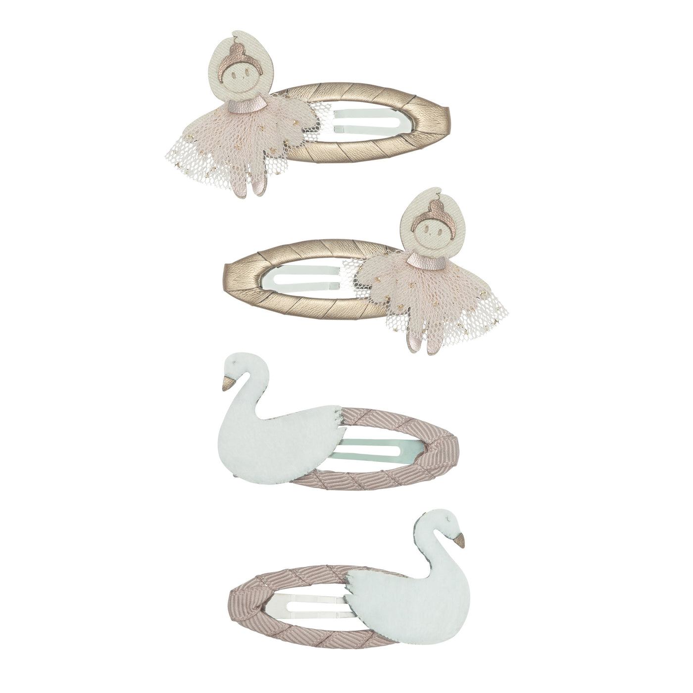 Beautiful ballerina and swan hair clips wrapped in metallic gold and soft pink ribbon