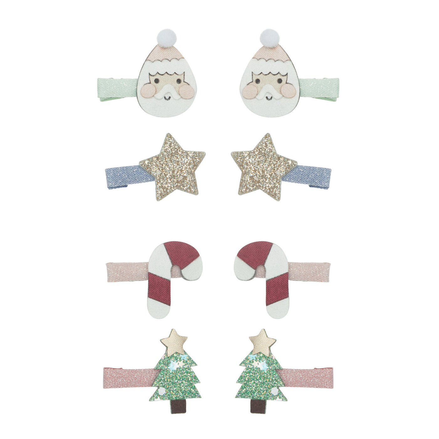 Mini hair clips for christmas featuring santa faces, christmas trees, glitter stars and candy canes!