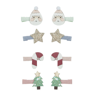 Mini hair clips for christmas featuring santa faces, christmas trees, glitter stars and candy canes!