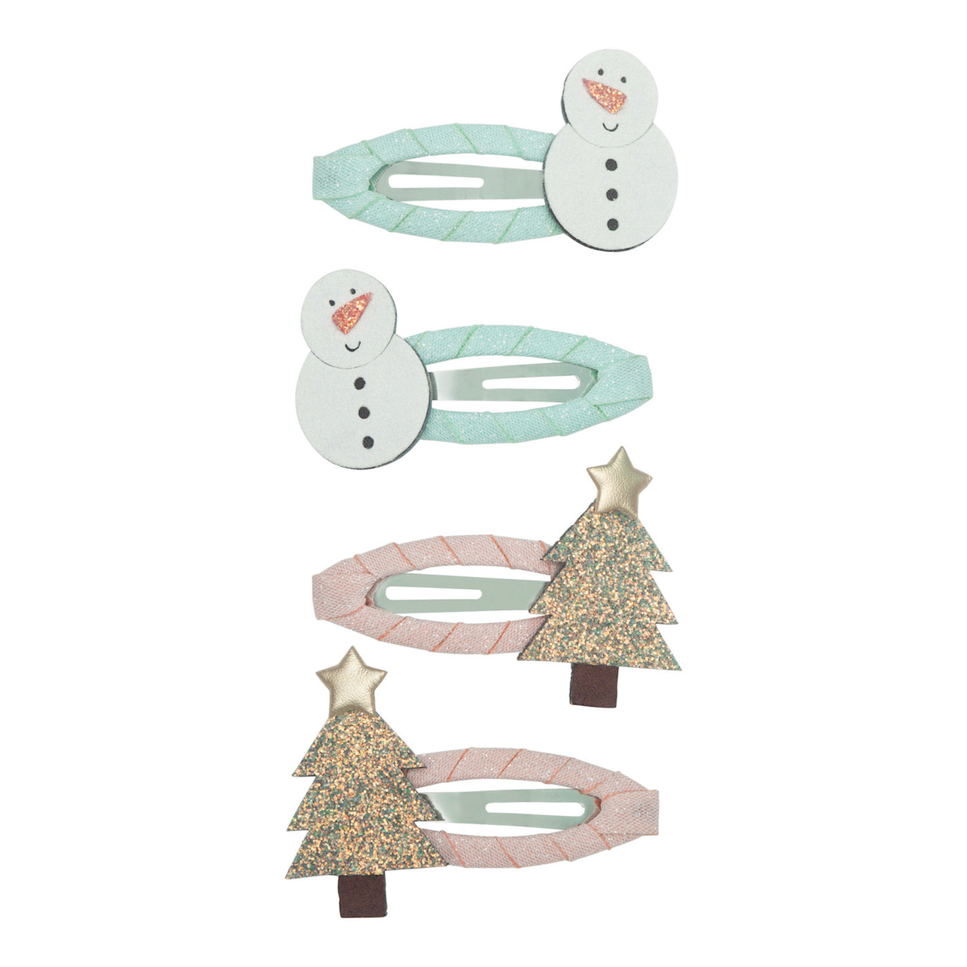 Glitter snowman and christmas tree hair clips wrapped in glitter ribbon fabrics in soft pink and mint