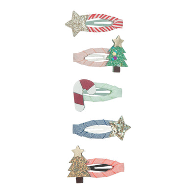 Mini Christmas themed children's hair clips featuring glitter stars, christmas trees and a candy canes all sat atop ribbon wrapped clic clac clips