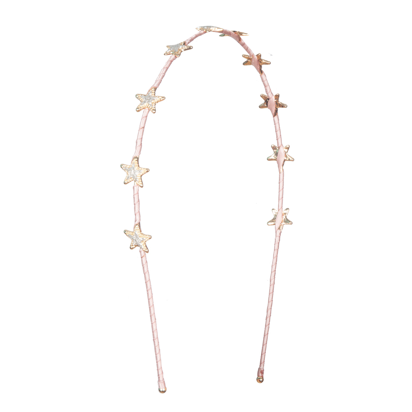 satin pink ribbon wrapped lightweight alice band adorned with gold and silver stars