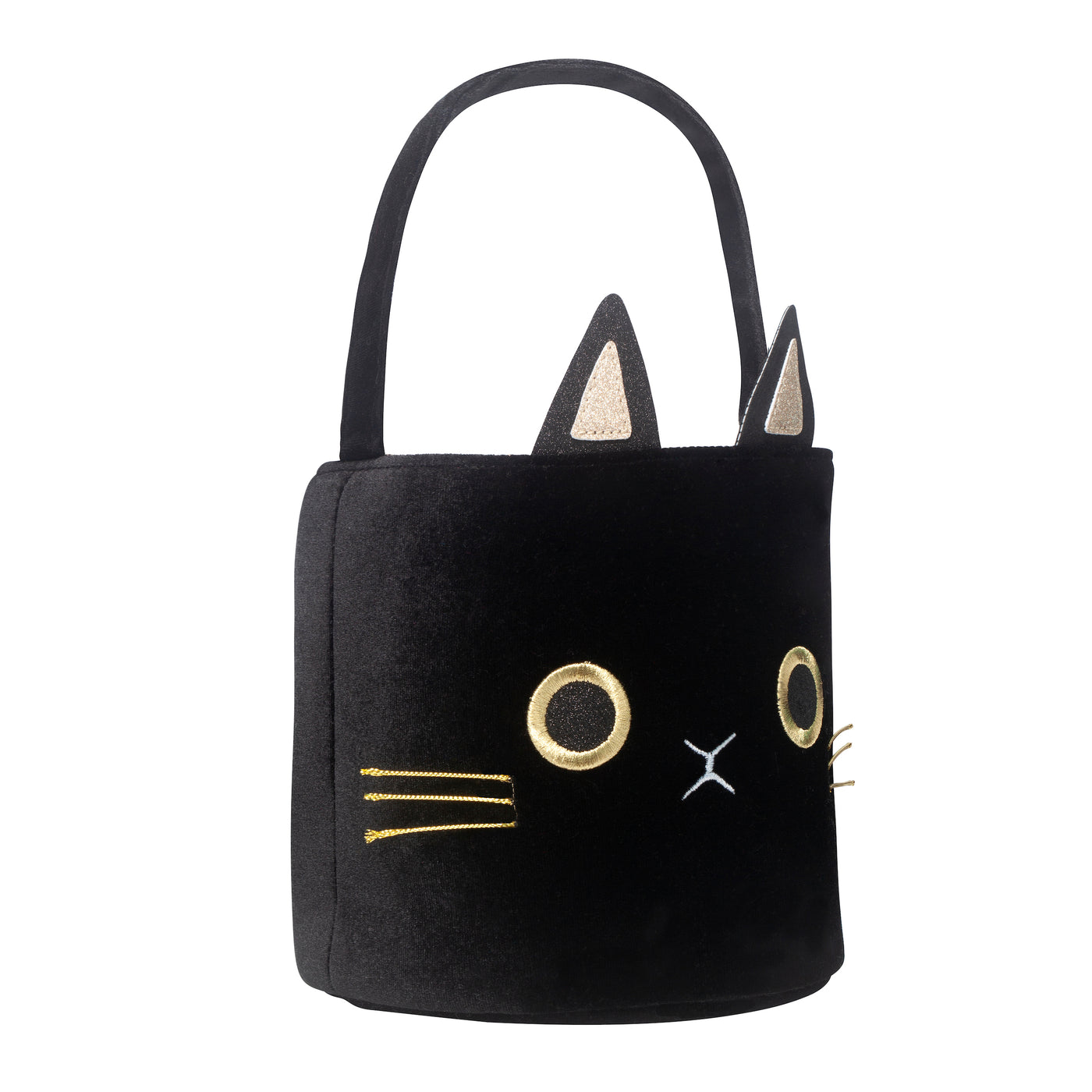 Soft black velvet cat face trick or treat bag with carry handle