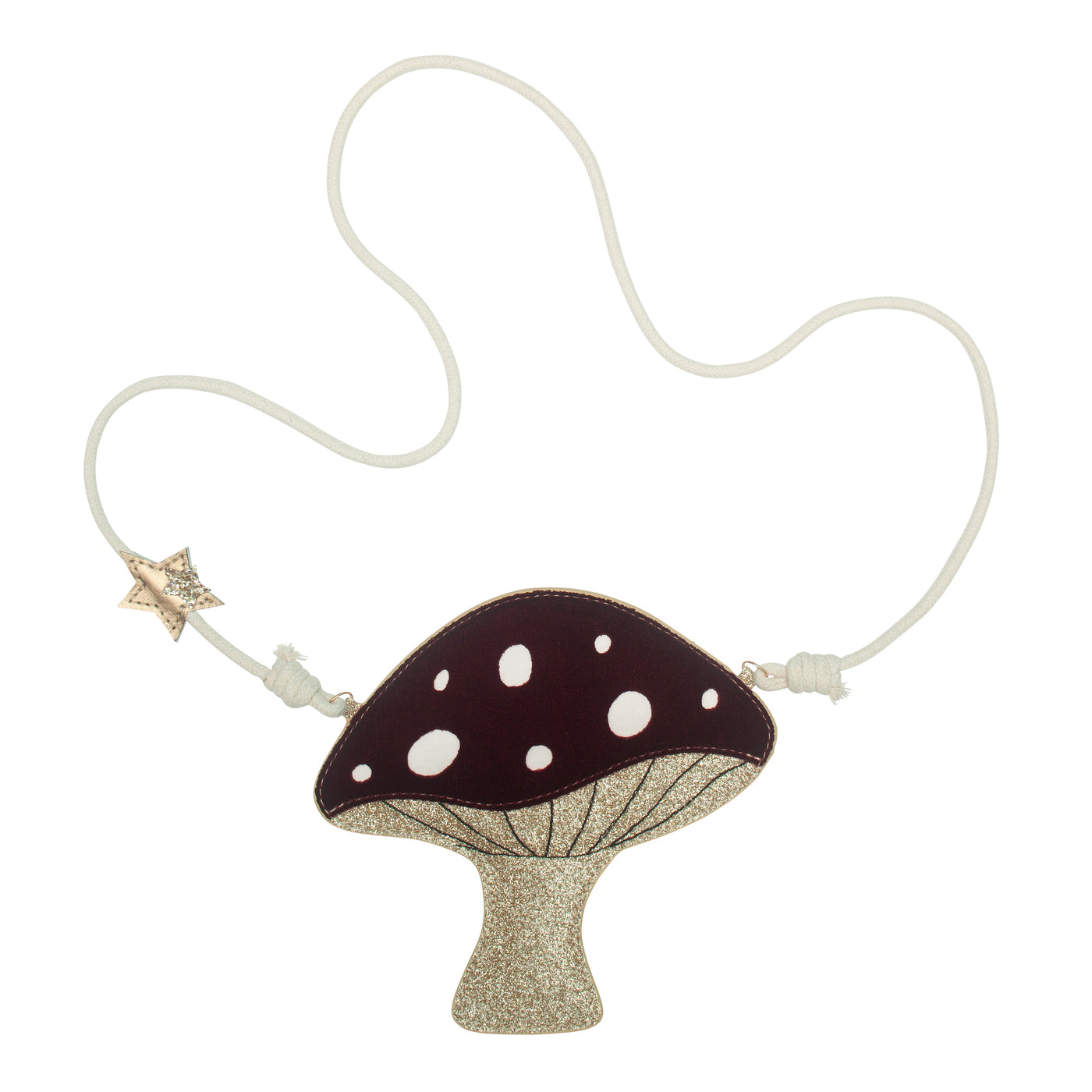 Sweet toadstool shaped children's handbag with a rope strap featuring a gold and glitter star charm