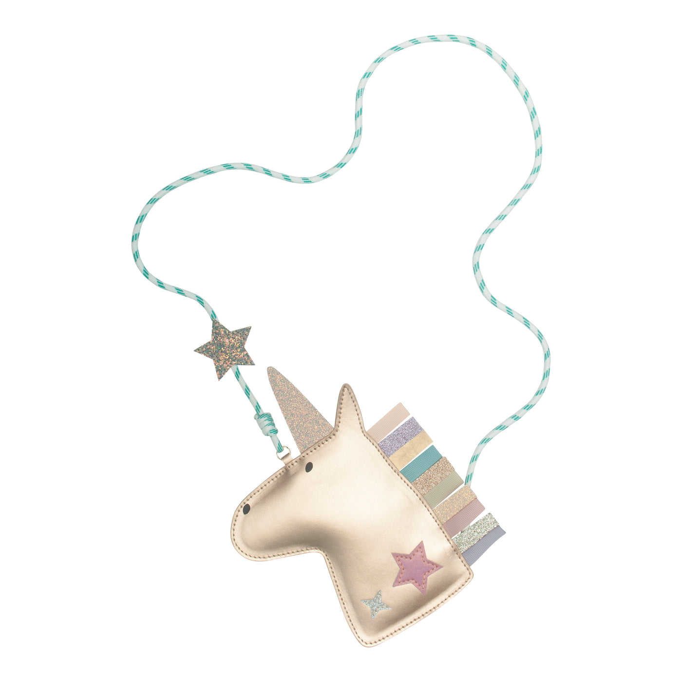 Beautiful gold and rainbow coloured unicorn bag for children with a brightly coloured bungee style cord strap