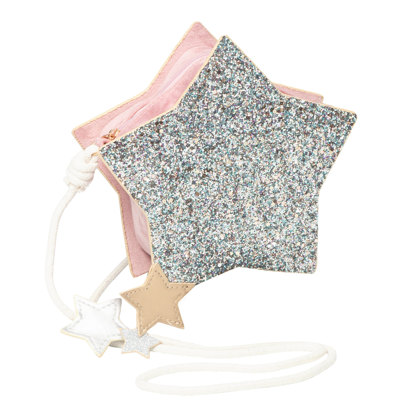 3D glitter star shaped bag for children with a light pink velvet fabric to the centre