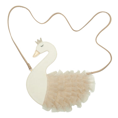 Beautiful swan shaped handbag for little girls featuring a gold strap and a delicate layered tulle body plus glitter crown