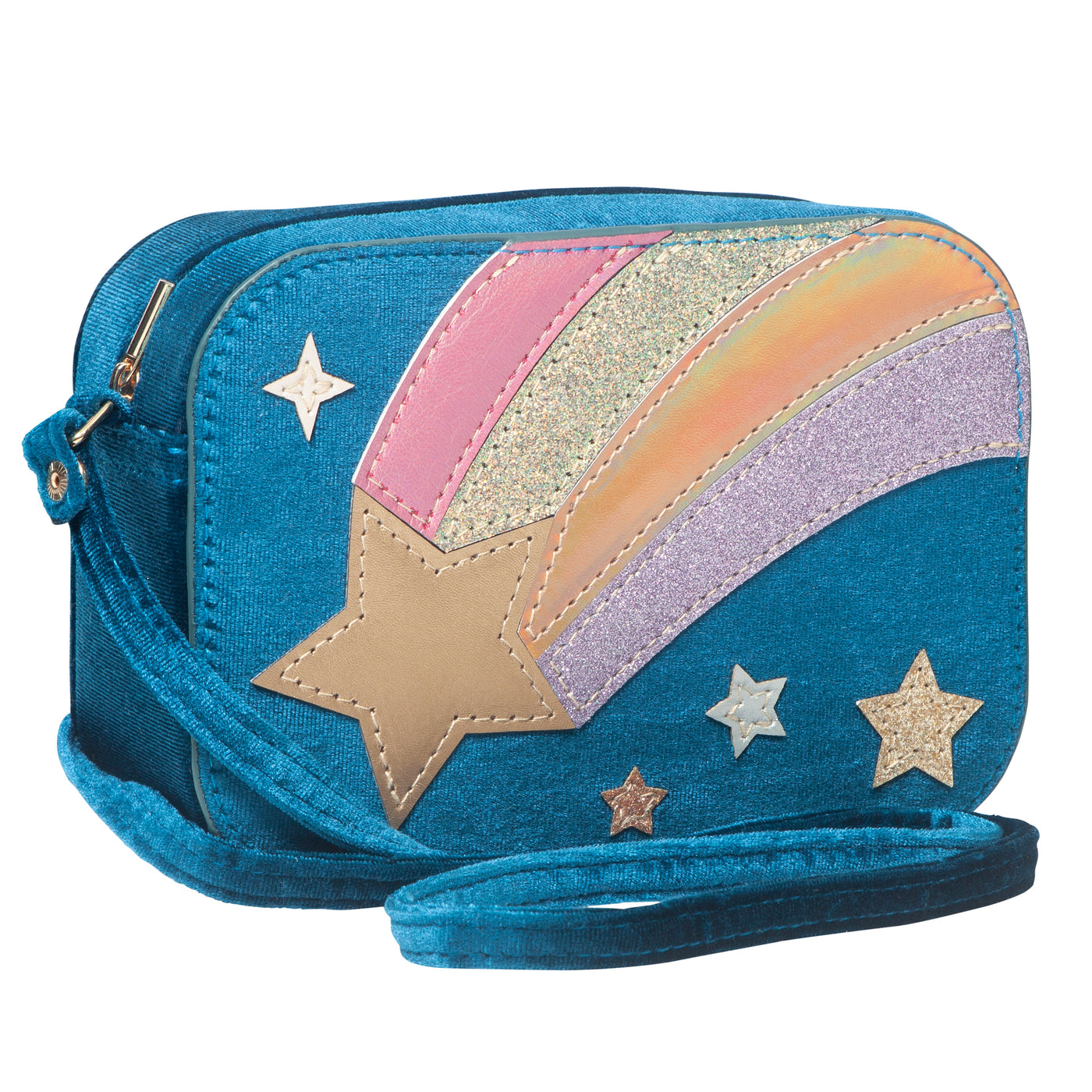 Soft velvet rectangular handbag for children featuring beautiful, brightly coloured shooting star design in metallic and glitter fabrics