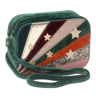 Deep green velvet handbag for children featuring a bright and colourful striped design with gold glitter stars