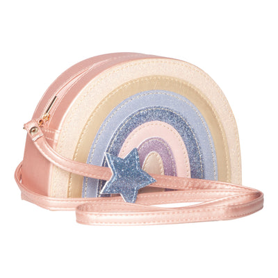 Pearlescent pink rainbow shaped cross body bag for girls with beautiful pastel coloured rainbow stripes