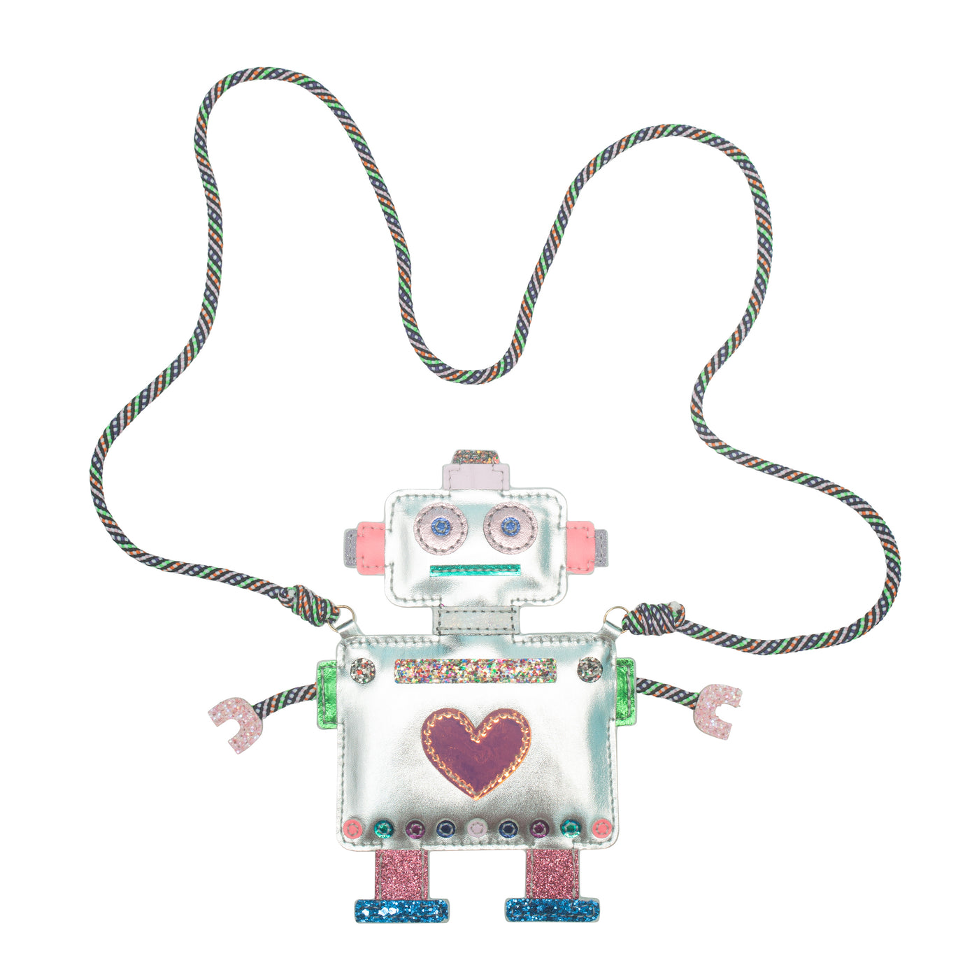 Super fun robot shaped novelty handbag for children featuring cool bungee cord strap and pink glitter details