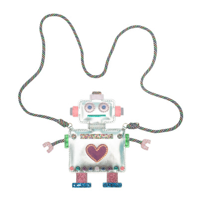 Super fun robot shaped novelty handbag for children featuring cool bungee cord strap and pink glitter details