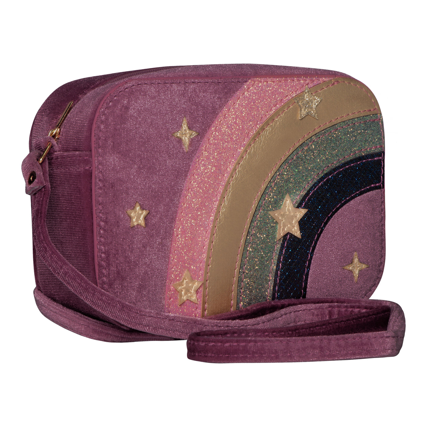 Purple velvet children's handbag with glitter rainbow design and gold fabric stars