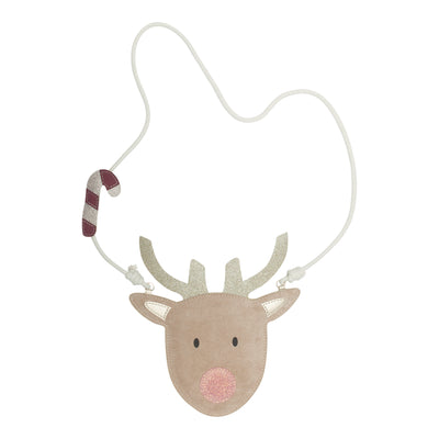 Reindeer shaped bag with glitter antlers and nose and a candy cane charm to the rope cross body strap