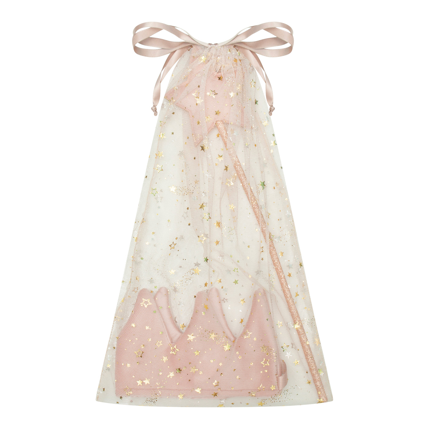 Tulle gifting pouch speckled with gold stars ready filled with a velvet star crown and wand, an ideal dress up gift