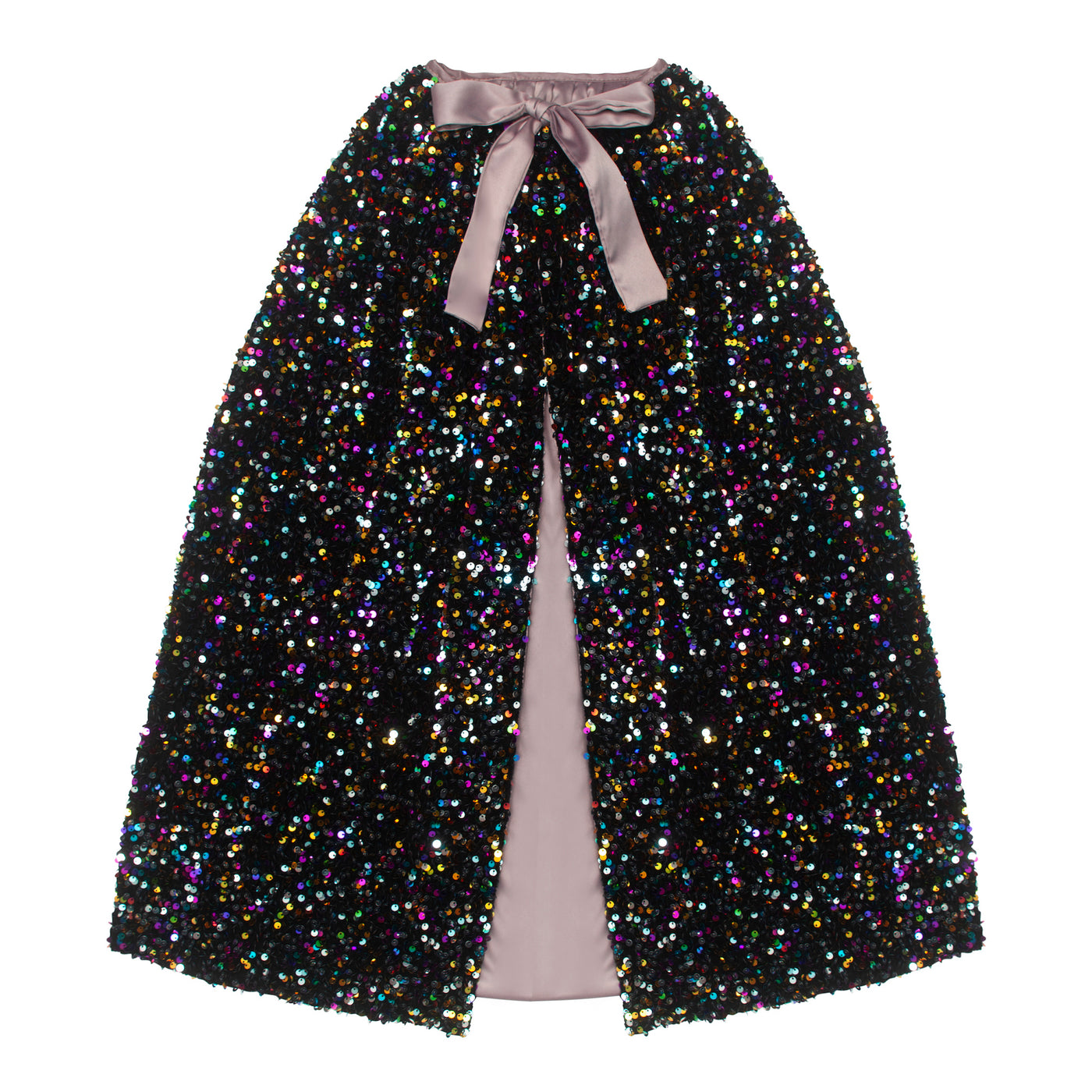 Long sequin covered rainbow cape with satin lining and satin bow