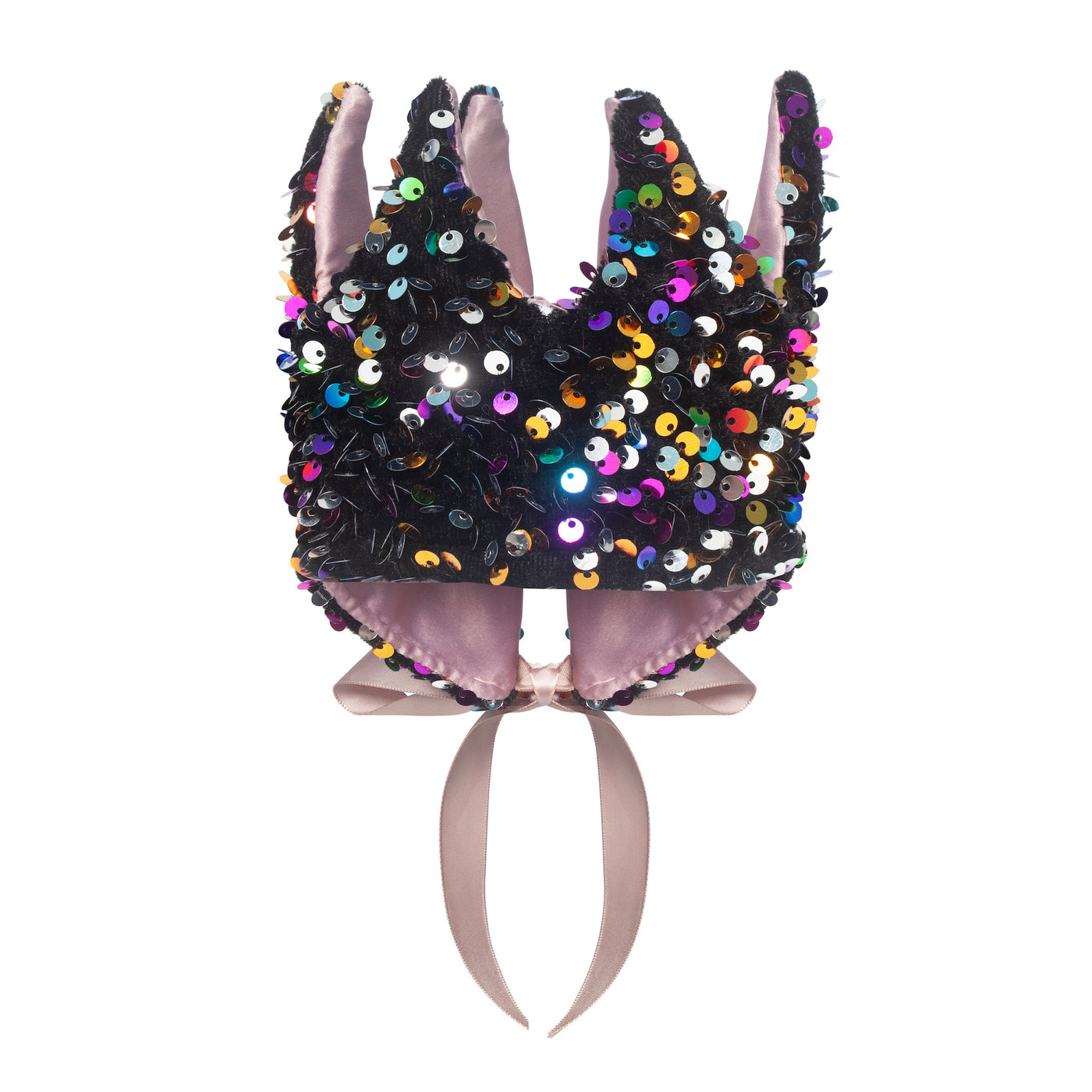 Multicoloured sequin fabric crown with adjustable ribbon tie