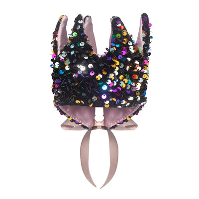 Multicoloured sequin fabric crown with adjustable ribbon tie