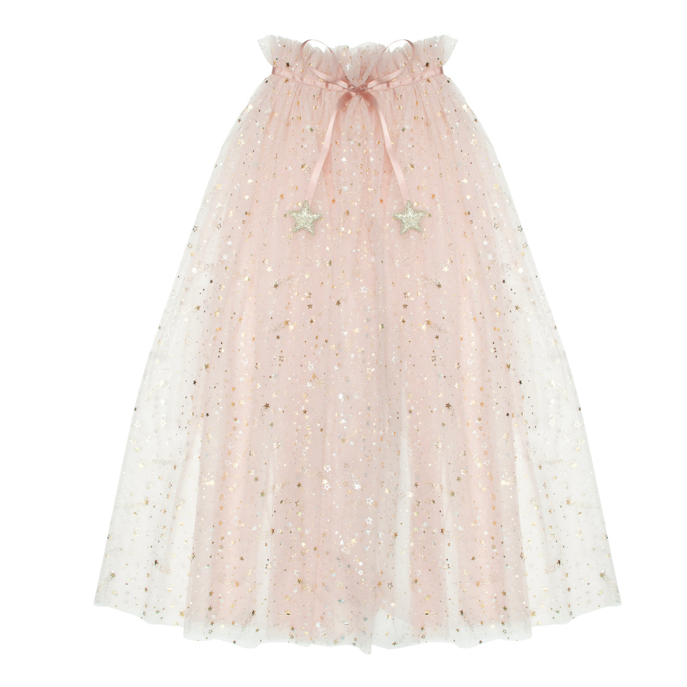 Soft pink tulle cape embellished with metallic gold stars with popper button closure and satin ribbon bow detail