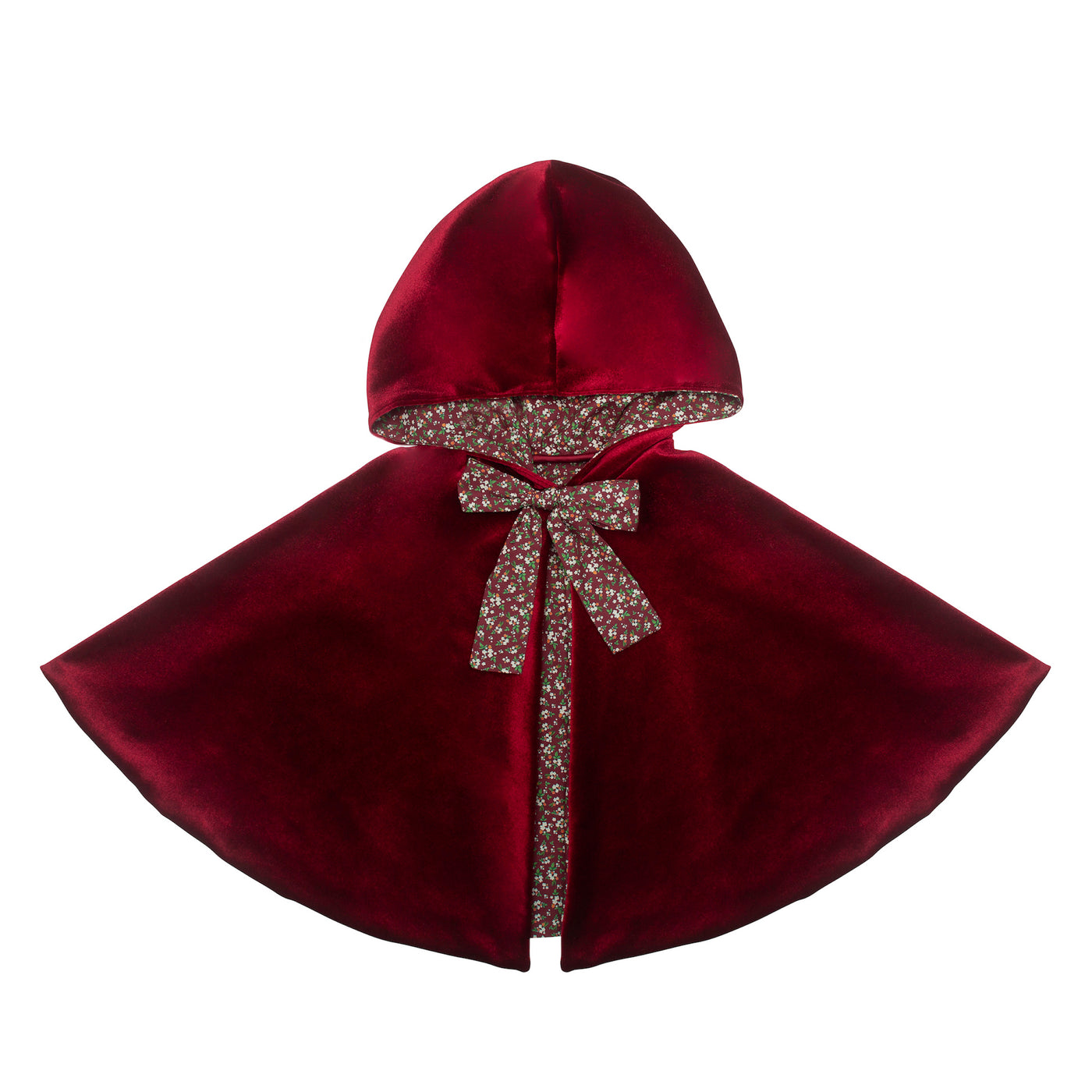 Luxuriously soft deep red velvet cape with hood in the style of red riding hood, complete with ditsy floral print bow and fabric lining