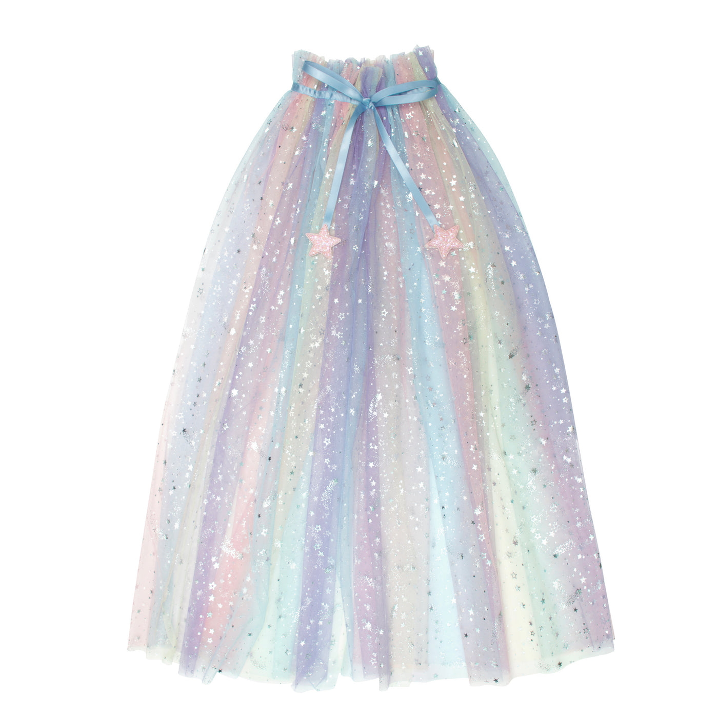 Super soft pastel rainbow tulle cape complete with satin bow tie and popper button closure