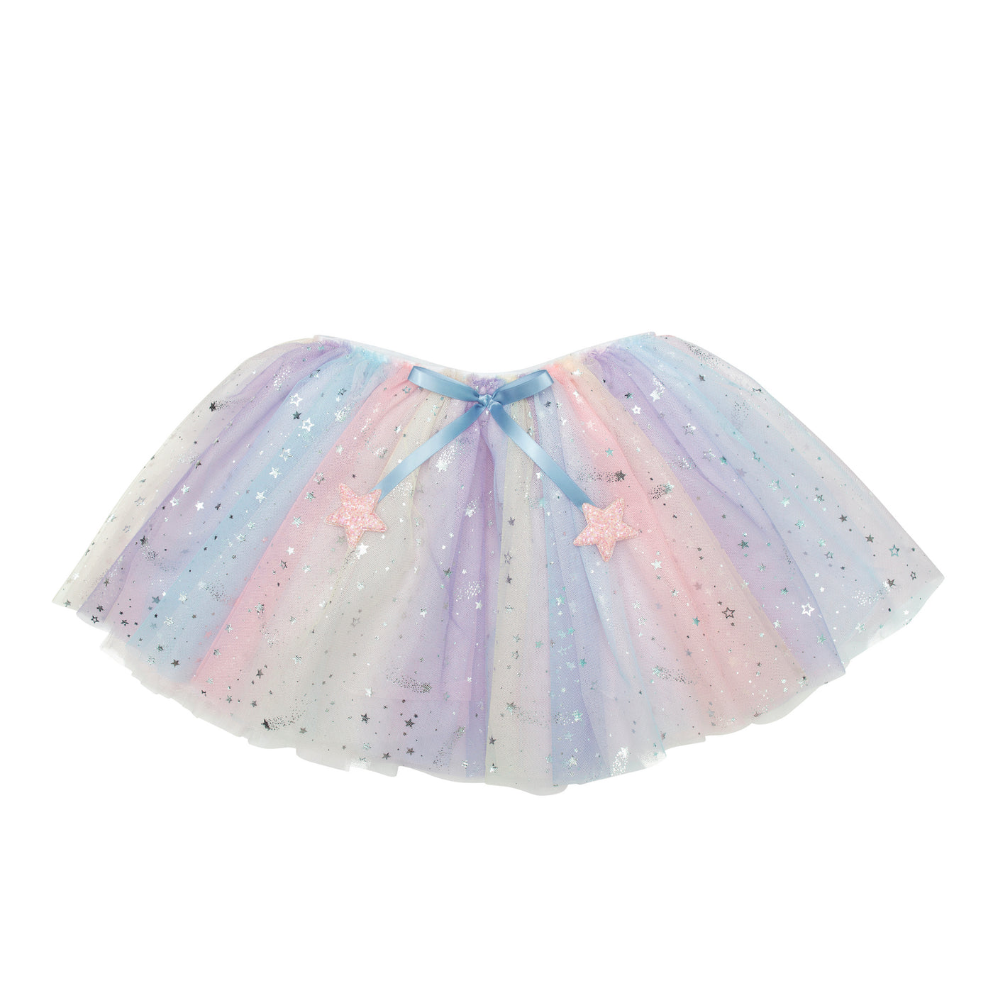 Pastel coloured rainbow tulle tutu speckled with silver stars and finished with a satin ribbon bow and pink glitter star charms