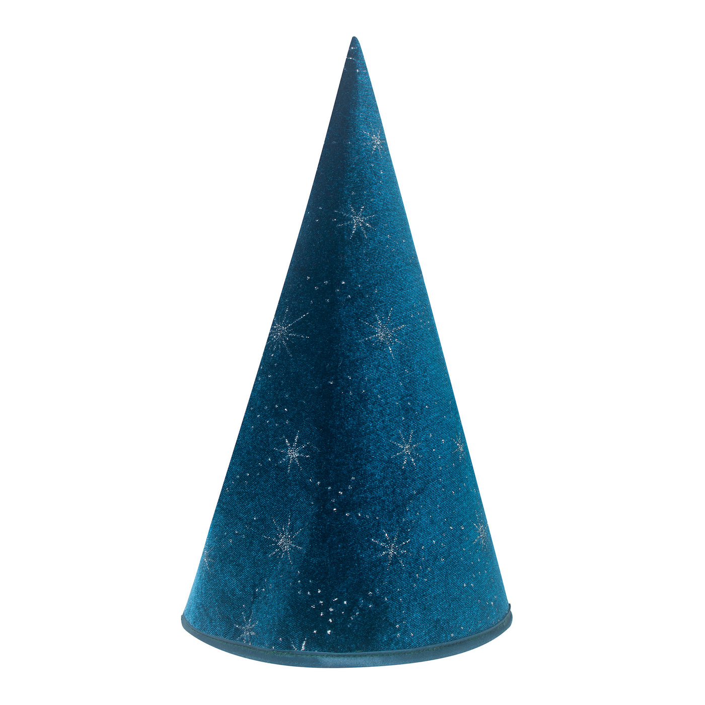 Teal velvet conical wizard hat embellished with constellations of silver stars